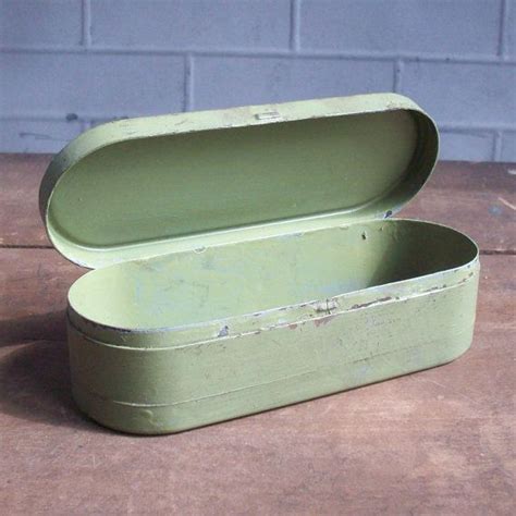 Vintage Oval Heavy Metal Box / Odd Green / Painted 